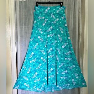 LuLaRoe XL Blue and Green Feathers Patterned Maxi Skirt